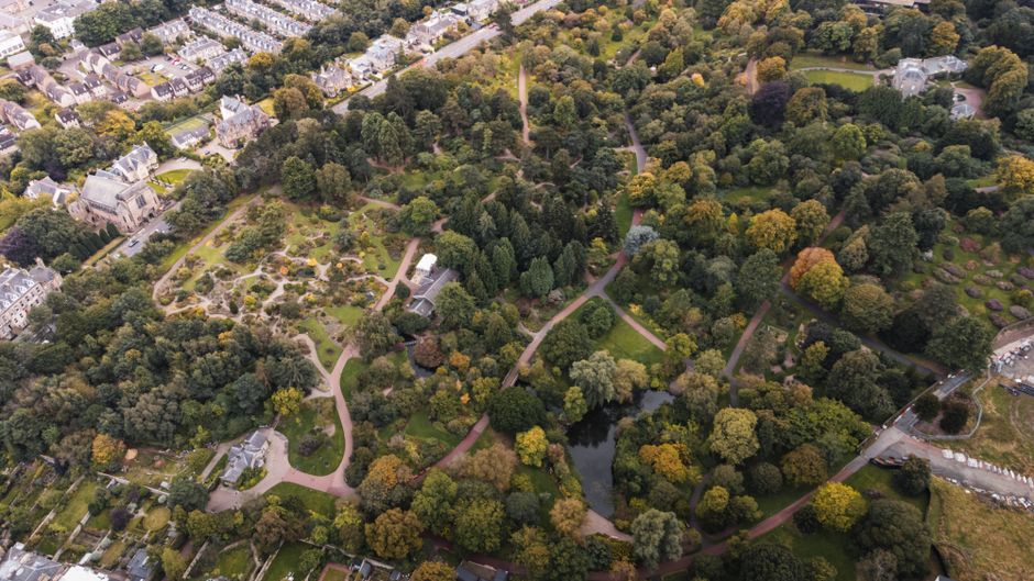 Aerial photograph of the Royal Botanic Garden Edinburgh in Scotland, showcasing lush greenery and pathways.